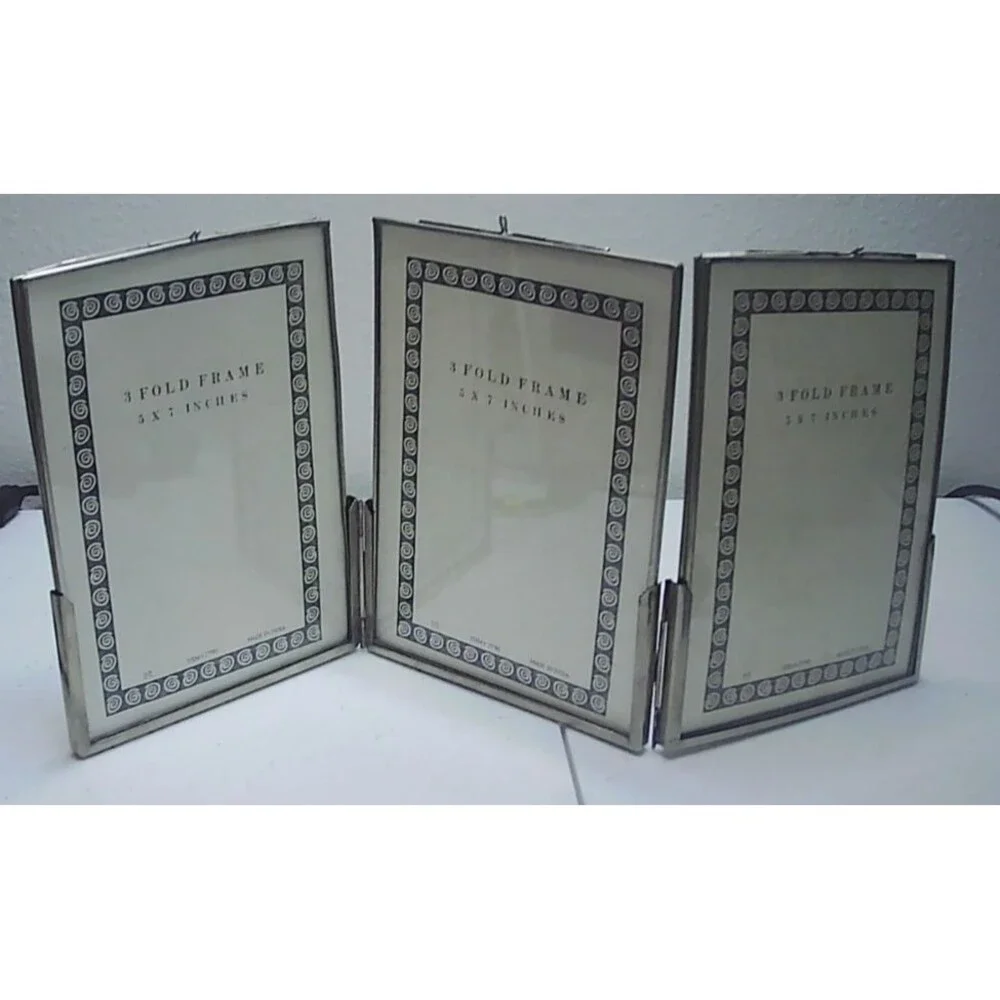 Vtg Silver Tone Trifold Frame, India 5x7 NOS